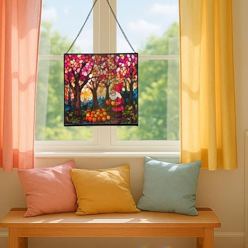 Gnome in Peach Grove Stained Glass Suncatcher – Square Hanging Window Panel for Home or Greenhouse – Whimsical Glass Art Gift for Garden Lovers, Christmas, Halloween, Father Days HTHgCN - Image 5