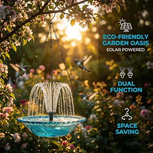 Solar Cascade Hanging Bird Bath Fountain,Outdoor Hanging Bird Bath with Solar Powered Water Pump,Decorative Water Feature for Garden Patio Yard,Perfect for Hummingbirds&Wild Birds (Blueb) - Image 3