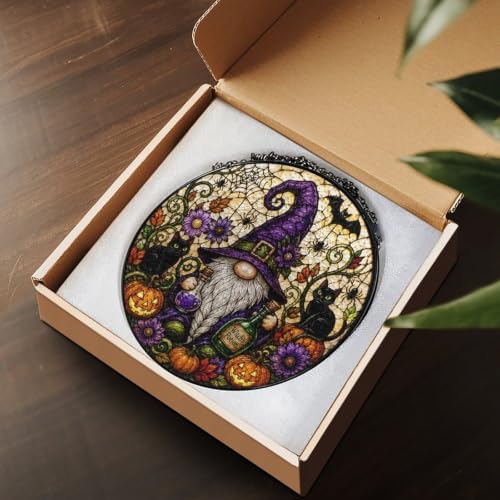 Stained Glass Halloween Gnome Witch Suncatcher, Pumpkin Black Cat Spider Bat Circular Panel, Spooky Fall Season Window Hanging Ornament - Image 4