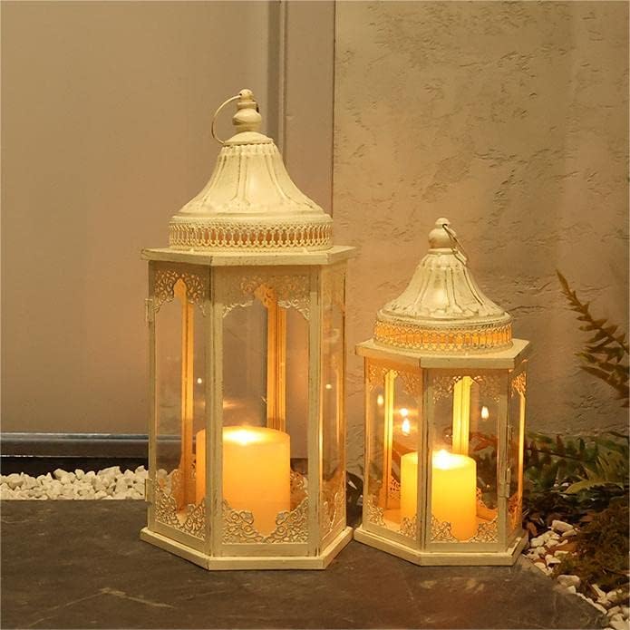 NEEDOMO Lanterns Decorative Outdoor & Indoor, Set of 2 Outdoor Lanterns for Porch,Large Candle Lantern, Beige Metal Frame with Glass for Fall, Christmas - Image 2