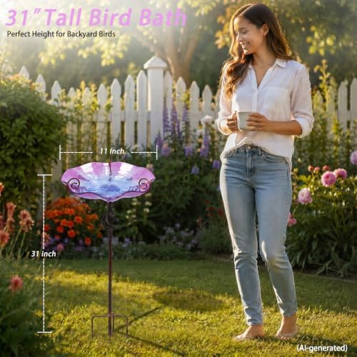 MUMTOP Glass BirdBaths, Garden Outdoor Birdfeeder with Metal Stake, Purple - Image 6