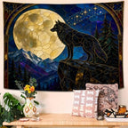 Wolf Tapestry, Full Moon Stained Glass Mountain Forest Decor 70x90inch - Image 5