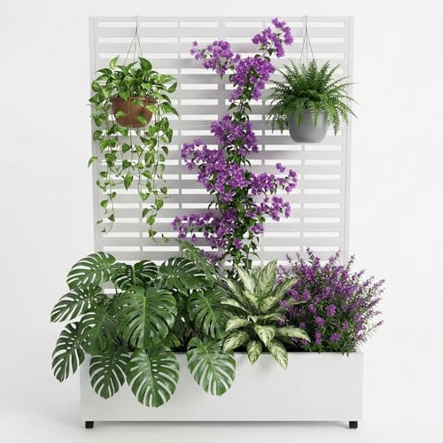 Garvee Metal Planter Box with Trellis, 71.5"x47"x16" Raised Garden Beds with Trellis and Wheels for Climbing Plants Vegetables, Privacy Screen Planter Box with Drainage Holes for Patio Balcony, White by Garvee