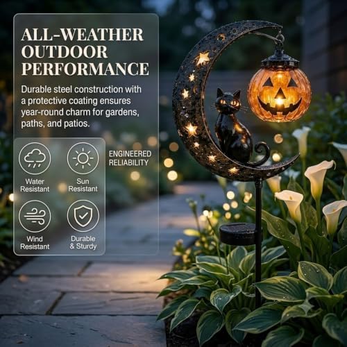 Solar Halloween Black Cat & Pumpkin Moon Garden Stake Light,2-in-1 Waterproof Outdoor LED Yard Decor with Hanging Lantern,Auto Dusk-to-Dawn Lawn Ornament for Pathway,Patio, Walkway (Black-Q-2PCS) - Image 7
