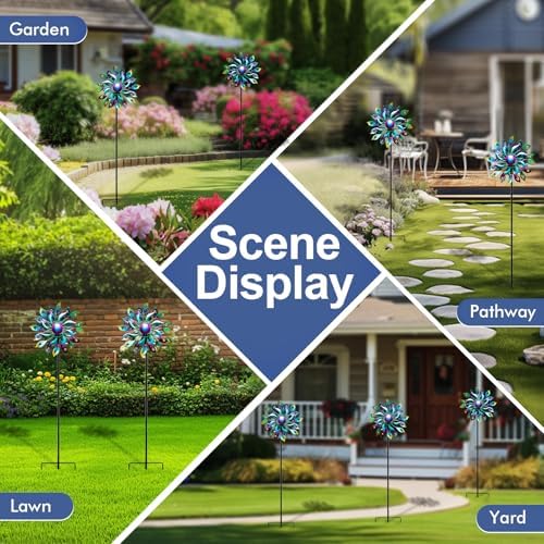 360°Peacock Solar Wind Spinner with Lights Blue Metal Garden Outdoor Decor Yard Lawn Art Decor for Patio Kinetic Windmills Unique Gifts for Friends and Family 51.9' H x 12.2'' Dia - Image 5
