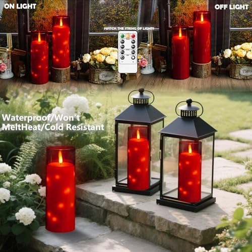 kakoya 11" x 4" Large Outdoor Waterproof Flameless LED Candles with Remote and Timer,Acrylic Pillar Candles Battery Operated with Embedded Star String for Porch,Patio,Outdoor Decor,Set of 2(Red) - Image 2