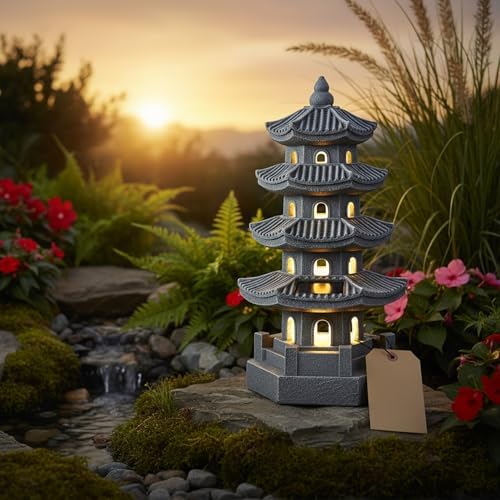 Pagoda Garden Statue Pagoda Garden Statue Solar Powered Lantern Resin Outdoor Zen Japanese Decor for Balcony, Patio, Porch, Yard 11.4x4.7x4.7 inch Grey - Image 5