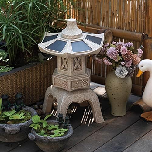 RAN 18.9in Tall Stone Pagoda Outdoor Statue, Waterproof Zen Japanese Lantern Garden Sculpture Solar Powered LED Light Outdoor Decor - Image 6