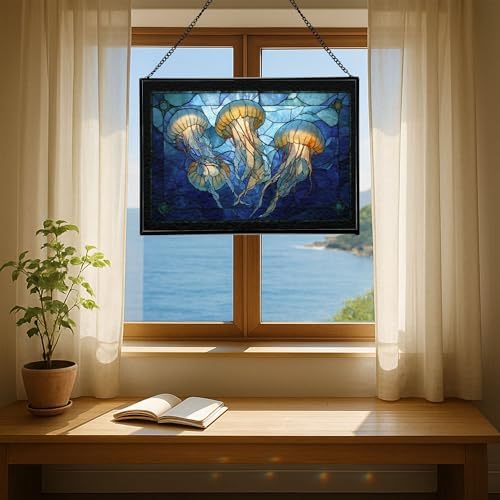 Jellyfish Floating in Moonlit Waters Rectangular Stained Glass Suncatcher – Hanging Window Panel with Animal & Nature Scene – Vibrant Glass Art Gift for Wildlife, Fantasy, Nature Lovers C8fTo1 - Image 6