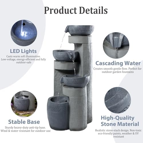 19.7" Tall Outdoor Water Fountain, 5 Tier Cascading Bowls and Stacked Water Fountain with LED Lights, for Yard Décor, Backyard, Patio and Deck (31.5'') - Image 5