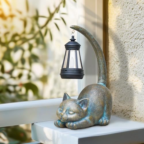 MININOVA Solar Garden Statues Cat Figurine Outdoor Decor with Solar Lantern - Image 2