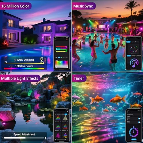 T-SUN Color Changing Pond Lights, 4 Lightheads with Bluetooth APP Control - Image 2