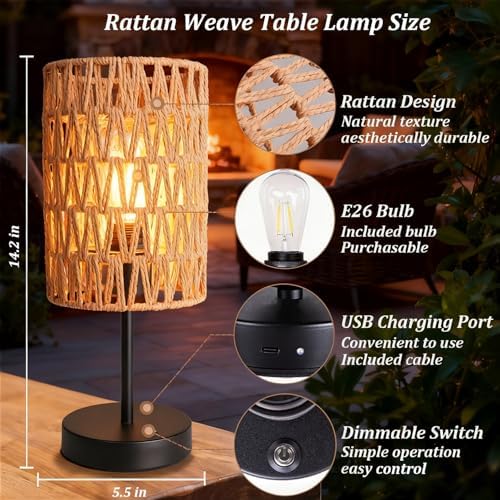 Rechargeable Outdoor Table Lamps, Rattan Boho Cordless Battery Operated Table Lamps, Patio Lamp for Living Room, Balcony, Bedside Decor- Set of 2 (Beige) - Image 6