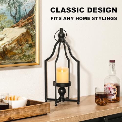 Glitzhome Modern Farmhouse Lantern Decor- Metal Candle Lanterns for Christmas- Decorative Lanterns for Living Room,Home,Indoor, Outdoor,Table,Fireplace Mantle Decor Black Small Set of 2 - Image 6