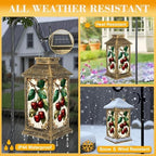 Solar Lantern Outdoor Garden Hanging Lantern Stained Glass Cherry Branch Green Leaves Red Fruit Vintage Style Waterproof Solar Powered Lighting Outside Table Lamp for Patio Deck Yard Camping - Image 3