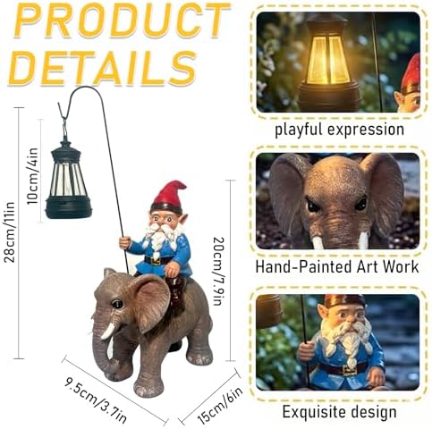 Garden Gnome Riding Elephant Statue Decoration, Funny Resin Solar Gnome with Hanging Lantern for Lawn Patio Yard Garden Outdoor Decor, Gifts for Mom Women and Men (Gnome-G) - Image 2