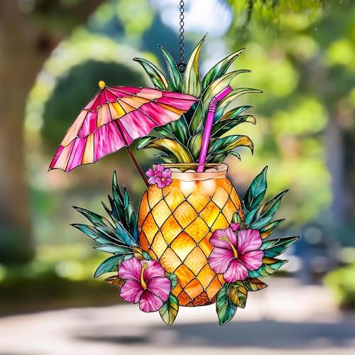 Acrylic Suncatcher Indoor Colorful Window Hanging Ornament Outdoor Sun Catcher Panel for Home Decor Car Garden Crystal Gift Pineapple Tropical Drink Hibiscus Suncatcher by Unknown