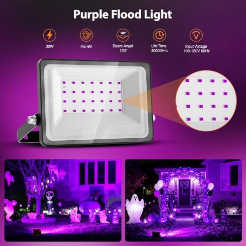 Onforu Purple Halloween Lights, 30W Dusk to Dawn Floodlight 2 Pack LED Flood Light Outdoor Decoration, Auto ON/Off Plug in Spot Light, IP65 Waterproof Uplighting Uplights for Party Garden - Image 3