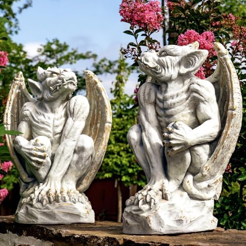 Zaer Ltd. Set of 2 Gothic Gargoyle Garden Statues, 28.4 Inch Tall Outdoor Sculptures (Distressed Gray) by ZaerLtd