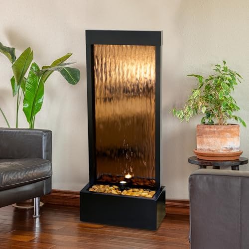 Alpine Corporation 48" Tall Indoor Modern Wall Mounted Zen Mirror Waterfall Floor Fountain with Stones and LED Lights Decor for Office, Living Room, Entryway, Bronze - Image 3