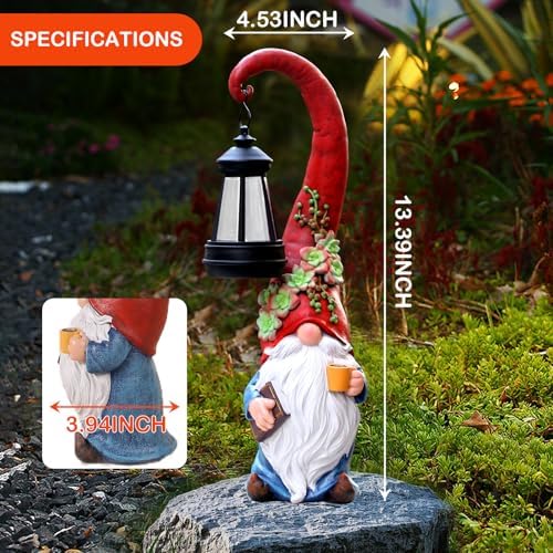 Solar Coffee Gnome Garden Statue with Lantern, 13.3-Inch Decor - Image 6