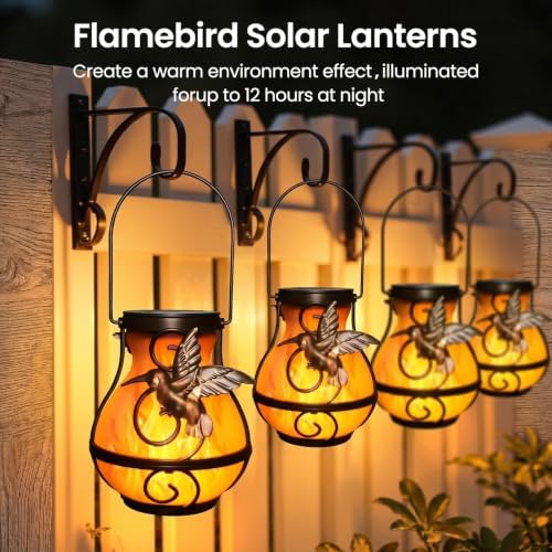 4 Pack Solar Lanterns Outdoor Waterproof, Hanging Hummingbird Flickering Flame Light Garden Decor Hanging Lights Decorative for Outside - Image 4