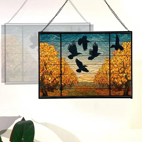 Crows Flying Over Autumn Orchard Rectangular Stained Glass Suncatcher – Hanging Window Panel with Animal & Nature Scene – Vibrant Glass Art Gift for Wildlife, Fantasy, Nature Lovers 90NTOm - Image 3