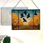 Crows Flying Over Autumn Orchard Rectangular Stained Glass Suncatcher – Hanging Window Panel with Animal & Nature Scene – Vibrant Glass Art Gift for Wildlife, Fantasy, Nature Lovers 90NTOm - Image 3