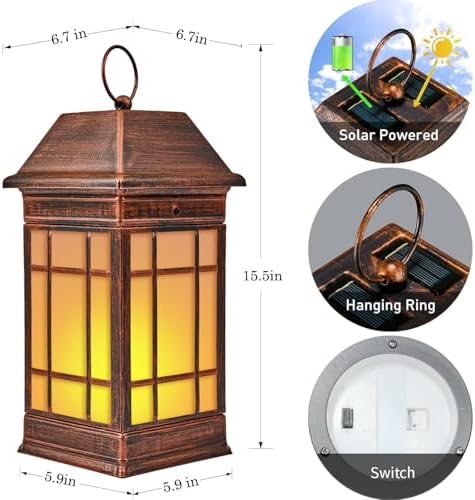15.5" Solar Lantern Outdoor Waterproof, Glass Flickering Flame Solar Lanterns, Hanging Metal Lantern Decorative for Patio Front Porch Garden Backyard Tabletop Party Decoration - Image 4