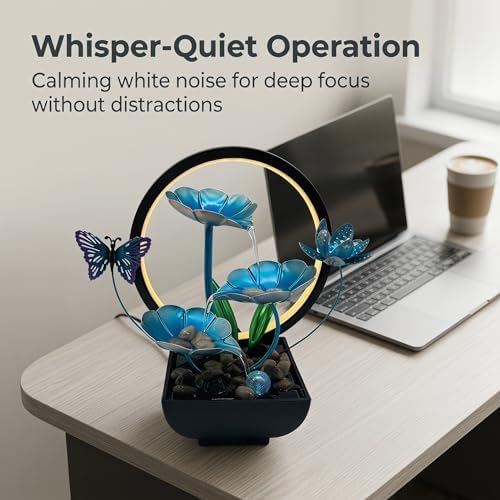 Tabletop Fountain,Indoor Water Fountain,Home Fengshui Décor Zen Relaxation Soothing Sound Machine for Office,Living Room,or Bedroom,Blue Lotus with Butterfly,River Rocks,10.2inch - Image 3