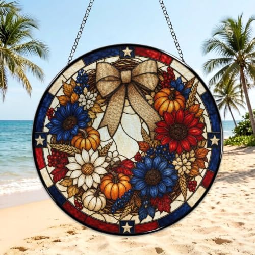 Fall Patriotic Wreath Stained Glass Suncatcher 11.8" Colorful Window Hanging Ornament, Sun Catcher Decor for Bathroom Front Door Living Room Home Wall Garden - Image 3