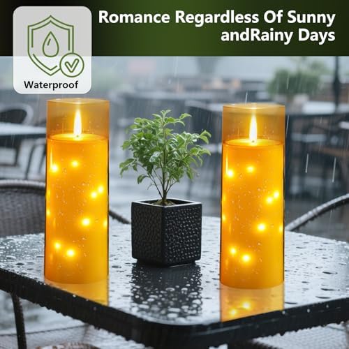 kakoya 11" x 4" Large Outdoor Waterproof Flameless LED Candles with Remote and Timer,Acrylic Pillar Candles Battery Operated with Embedded Star String for Porch,Patio,Outdoor Decor,Set of 2(Gold) - Image 6