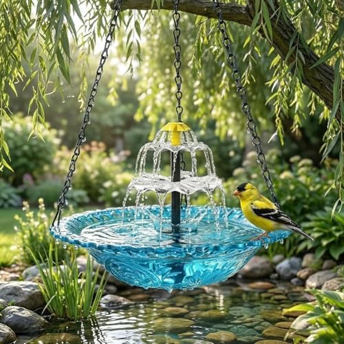 2026 New Solar Cascade Hanging Bird Bath Fountain, 3 Layers Outdoor Water Feature, Outdoor Hanging Bird Bath with Solar Fountain, with Solar Pump & Glass Bowl, for Outdoor, Gardens (Blue) - Image 7