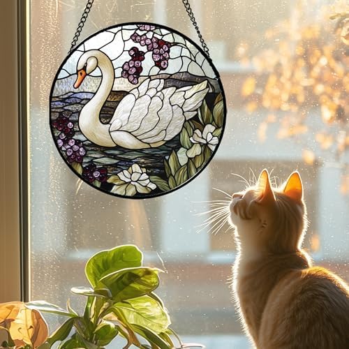Stained Glass Window Hanging - White Swan Suncatcher for Door Garden Yard Landscape Sun Catchers Decor Christmas Mother's Day Birthday Children's Gifts for Women Mom Nana Friend 11.8 in - Image 2