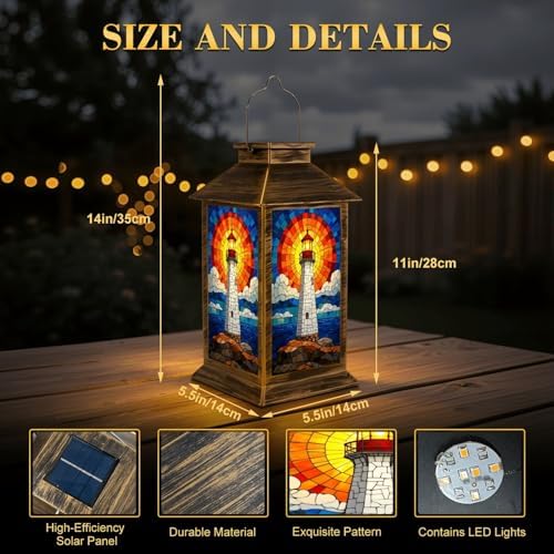Solar Lantern Outdoor Waterproof Stained Glass Lighthouse Radiant Sunset Ocean Waves Garden Decor LED Hanging Solar Lights Tabletop Lamp Gifts for Women Mom Outside Yard Patio Porch - Image 2