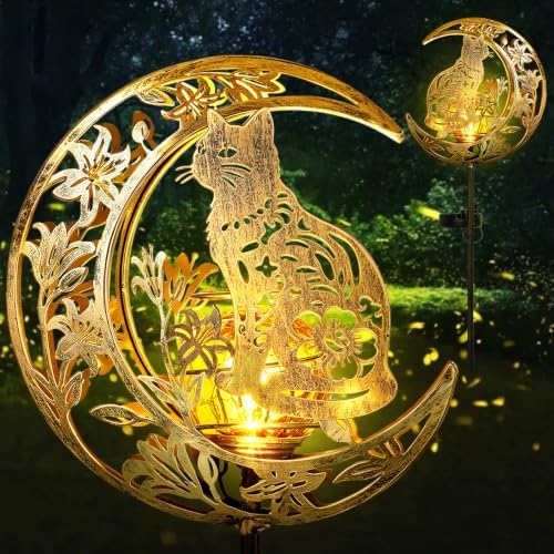 Solar Lights Outdoor Decor Cracked Glass Cat Stake Moon Lights Cat Gift by kyoryuger