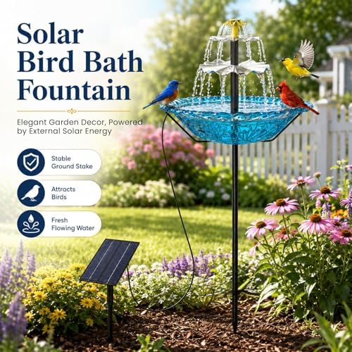 Bird Bath with Solar Fountain for Outside, 1.45 Gal Plastic Bird Bath Bowl with Metal Stake, Outdoor Garden Decor for Yard Patio Lawn (XL-Purple) - Image 2