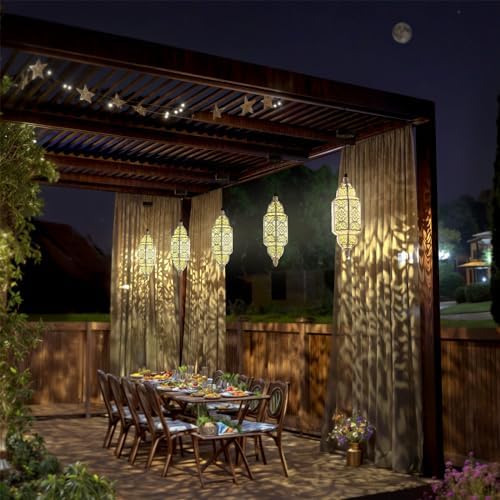 Twinkya Hanging Solar Lights Outdoor Garden Decorative Solar Lantern Waterproof Metal Moroccan Outdoor Decorations for Patio Pathway Yard Porch Backyard Garden Decor (White, 1 Pack) - Image 3