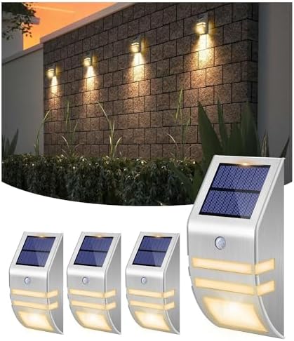 4 Pack Warm White Solar Fence Lights, Silver Stainless Steel Shell by Roopure