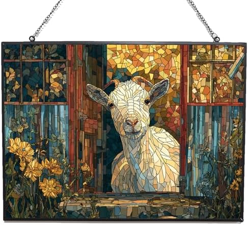Personalized Rectangle Mosaic Garden Shed Goat Stained Glass Window Hangings Stained Glass Suncatcher Birthday Gift for Mom Grandma Teacher Women Friend Memorial Hook by HYPESTYLE
