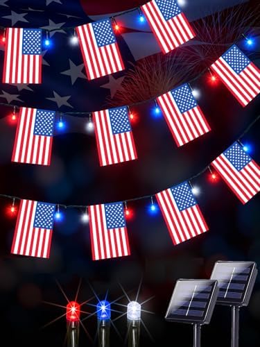 4th of July Decorations 2 Pack 100 LED Solar American Flag Lights Outdoor by EEW