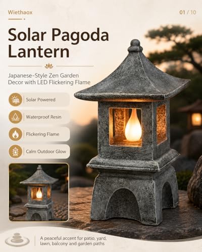 Solar Pagoda Lantern Japanese-Style with LED Flickering Flame Light, Zen Garden Statue Waterproof Resin Stone Finish Outdoor Decorations for Patio Yard Lawn, Housewarming Gifts for Mom Women - Image 2