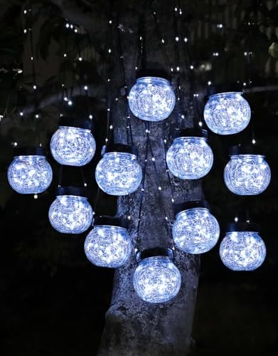 PARTPHONER Solar Lights Outdoor Waterproof 12-Pack, Solar Powered Hanging Lantern Cracked Glass Hanging Globes for Yard Decor Christmas Decoration, Shepherd Hook, Garden Tree Ornaments, Cold White by PARTPHONER