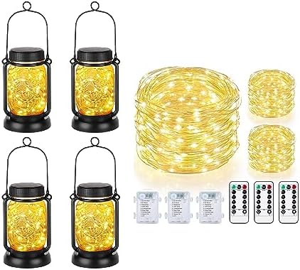 Mlambert 4 Pack Solar Hanging Mason Jar Lights with Stakes Bundle with 3 Pack 33FT Fairy String Lights Battery Operated with Remote and Timer by Mlambert