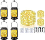Mlambert 4 Pack Solar Hanging Mason Jar Lights with Stakes Bundle with 3 Pack 33FT Fairy String Lights Battery Operated with Remote and Timer by Mlambert