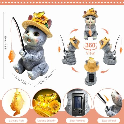 Solar Garden Outdoor Cat Statues, 10.24in Fishing Cat Figurine Solar Lights - Image 3