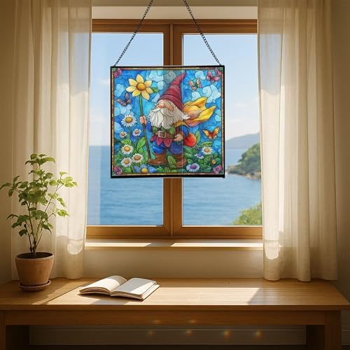 Spring Parade Gnome Stained Glass Suncatcher – Square Hanging Window Panel for Home or Greenhouse – Whimsical Glass Art Gift for Garden Lovers, Christmas, Halloween, Father Days fFF7J7 - Image 6