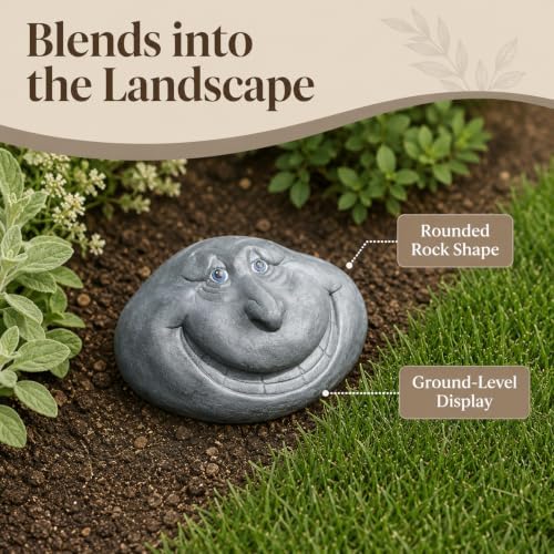 Funny Rock Garden Statue, Gray Stone-Look with Blue Eyes and Wide Grin - Image 5