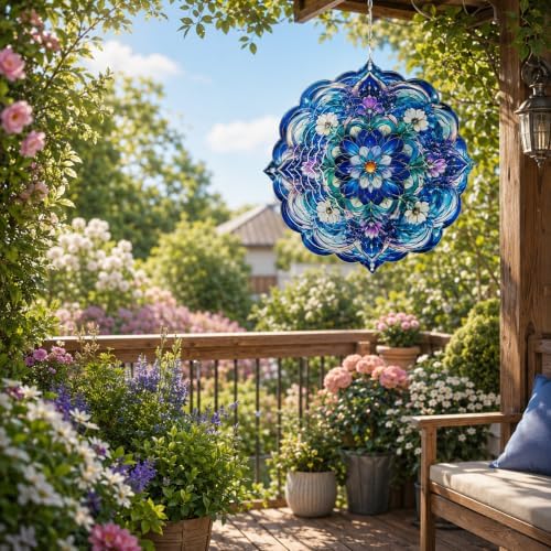 Shwing 12 Inch Wind Spinner Hanging Wind Sculptures Purple Blue Floral Metal Decor Double Sided Outdoor Kinetic Garden Art 3D Wind Spinner Hanging Ornament for Patio Porch Balcony Backyard Tree Decor - Image 2