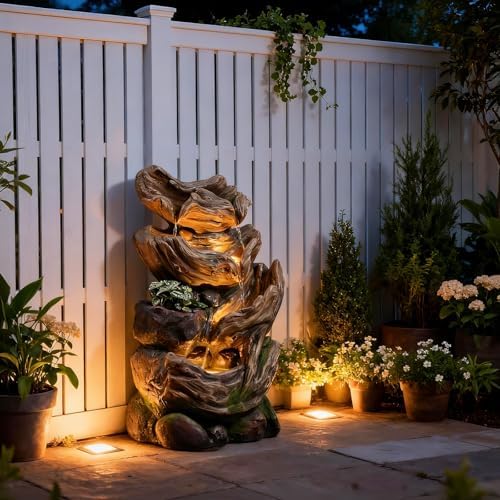 25.2" H 4-Tier Outdoor Water Fountain with LED Lights and Planter Pot, Cascading Wood-Look & Moss Waterfall Floor Fountain for Garden, Patio, Yard, Porch, Deck, Outdoor & Indoor Decor - Image 7